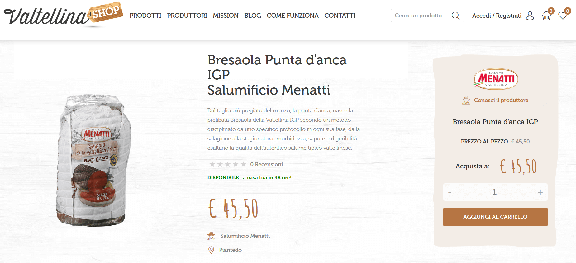 Bresaola punta d'anca IGP Menatti in vendita online su Valtellina Shop